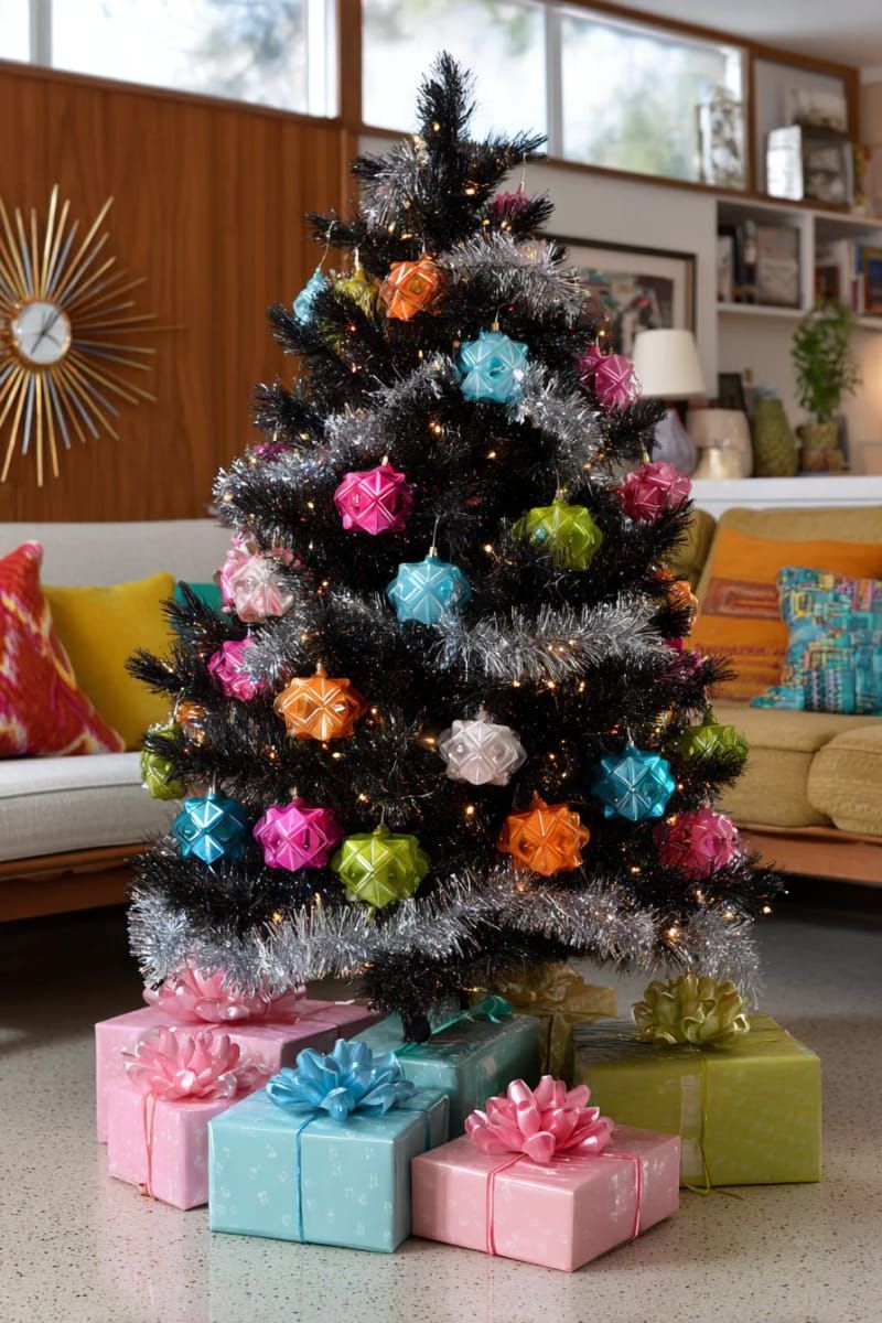 retro neon christmas tree with bold ornaments and vintage-style tinsel garlands 1