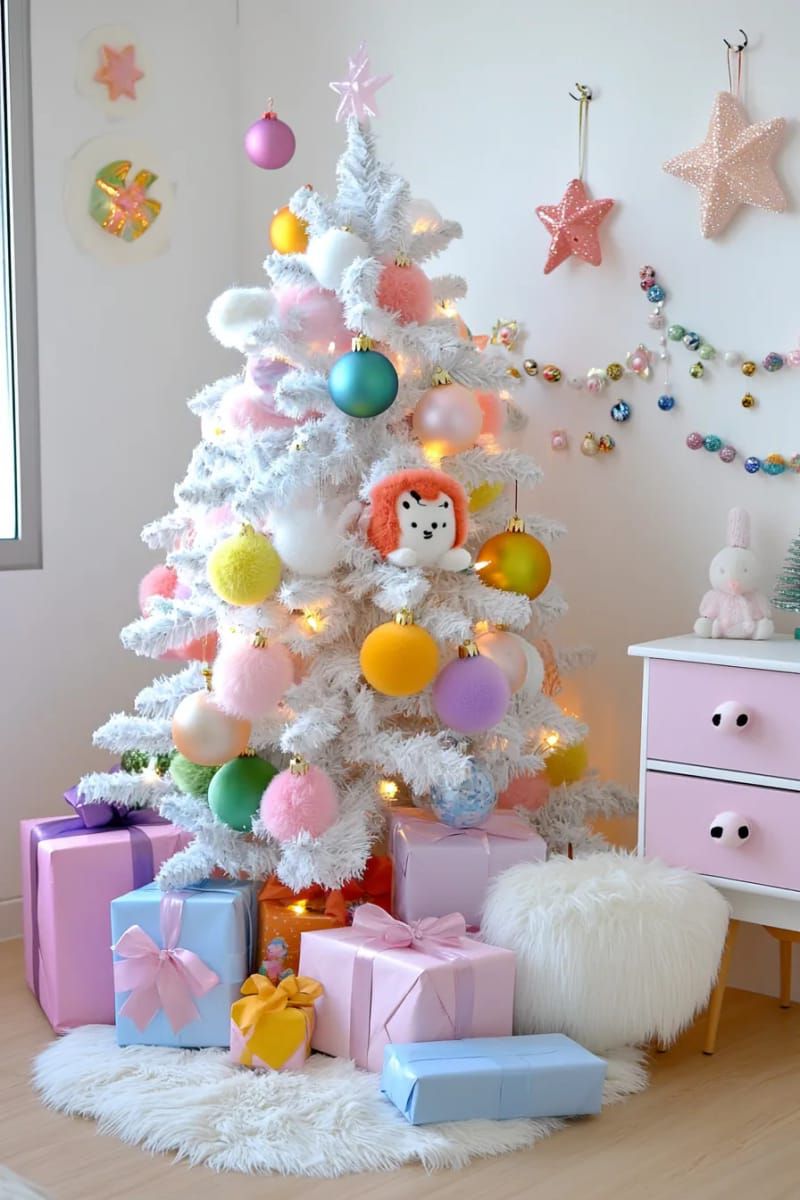 whimsical tree featuring oversized plush ornaments in rainbow shades 1