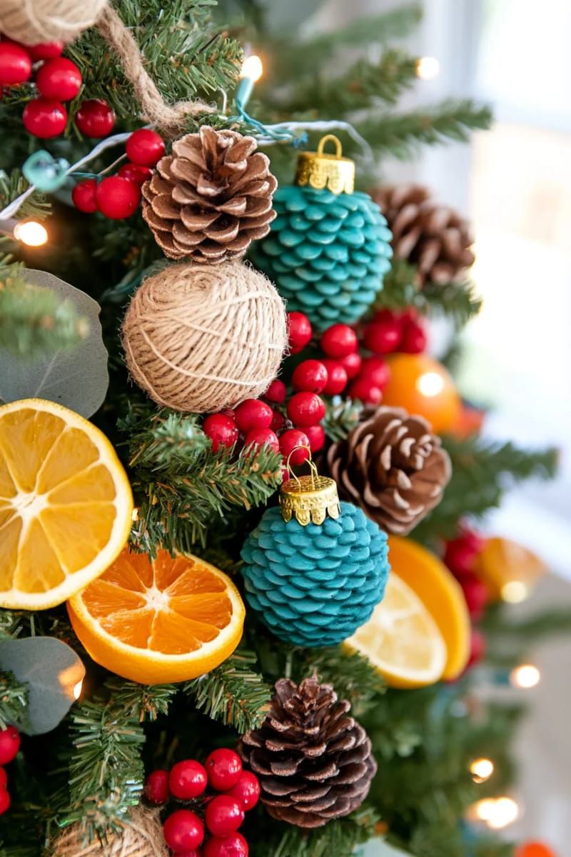 nature-inspired tree with painted pinecones and colorful dried citrus slices 1