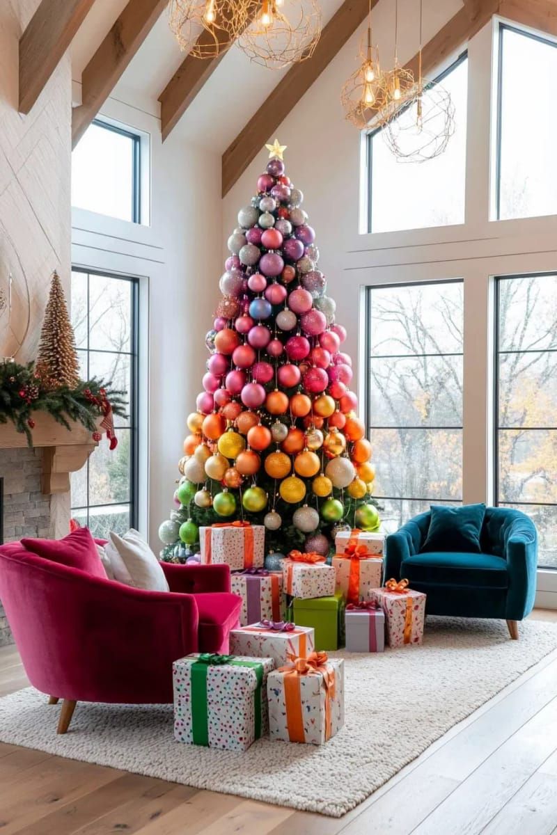 rainbow tree with ornaments organized in vertical color stripes 1