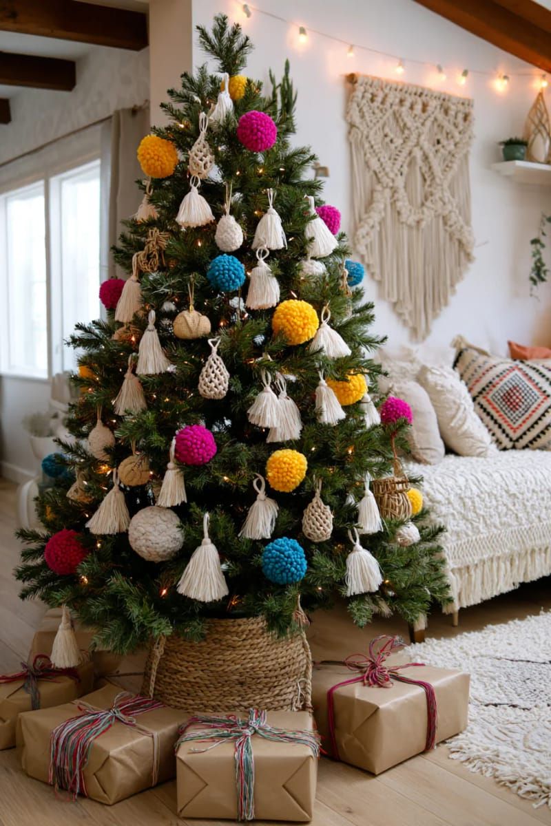 boho chic tree with multicolored pom-poms, tassels, and macrame accents 1