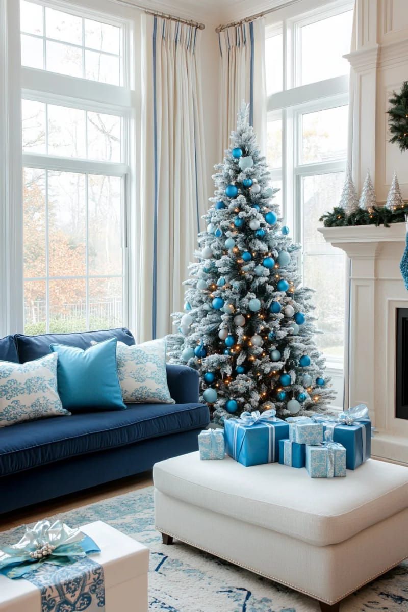 monochrome blue christmas tree with navy, turquoise, and sky-blue decorations 1