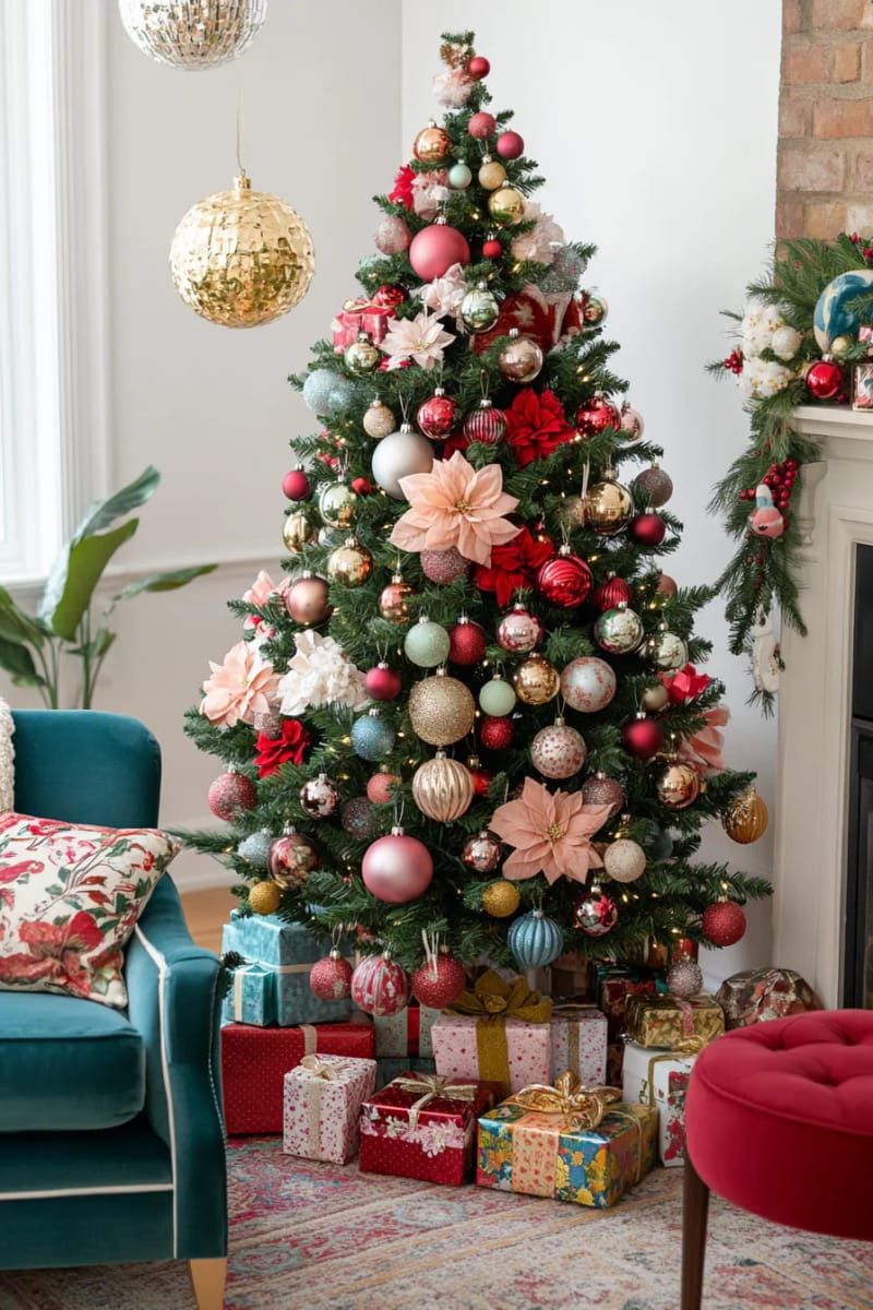 maximalist tree loaded with multicolor baubles, ribbons, and floral picks 1