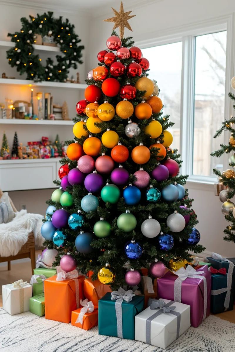 ombre rainbow christmas tree with color-fading ornaments and matching wrapped gifts 1