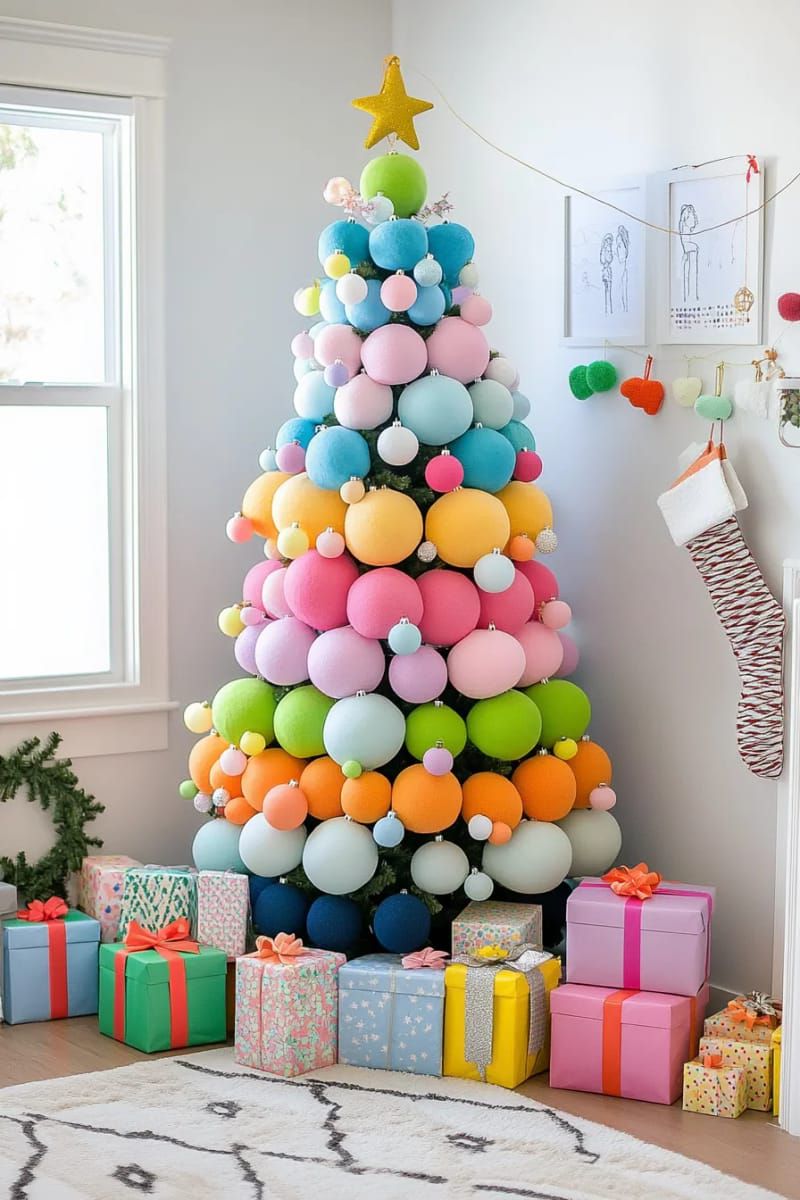 whimsical tree with color-blocked layers: blue, pink, yellow, and green segments 1