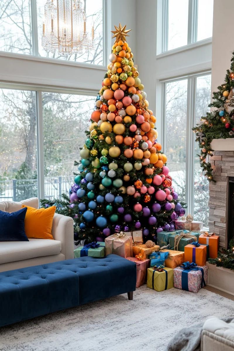 ombre rainbow christmas tree with color-fading ornaments and matching wrapped gifts 1