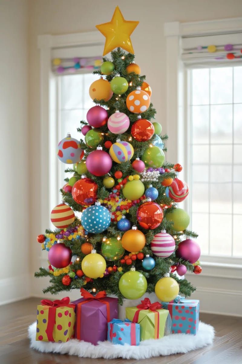 polka dot themed tree with large colorful spots and playful garlands 1