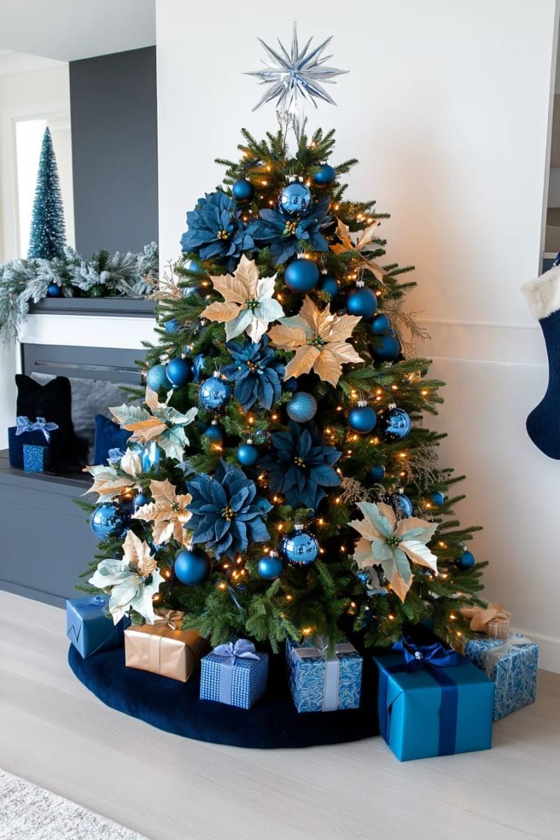 monochrome blue christmas tree with navy, turquoise, and sky-blue decorations 1