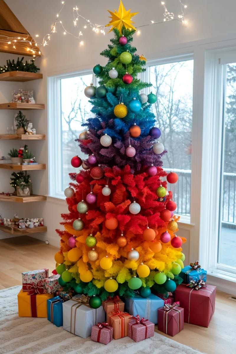 ombre rainbow christmas tree with color-fading ornaments and matching wrapped gifts 1