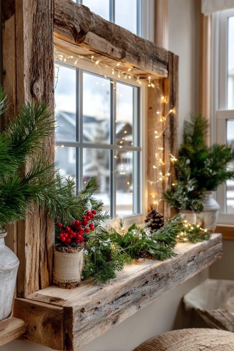 rustic window frame decorated with fairy lights and evergreen sprigs 1