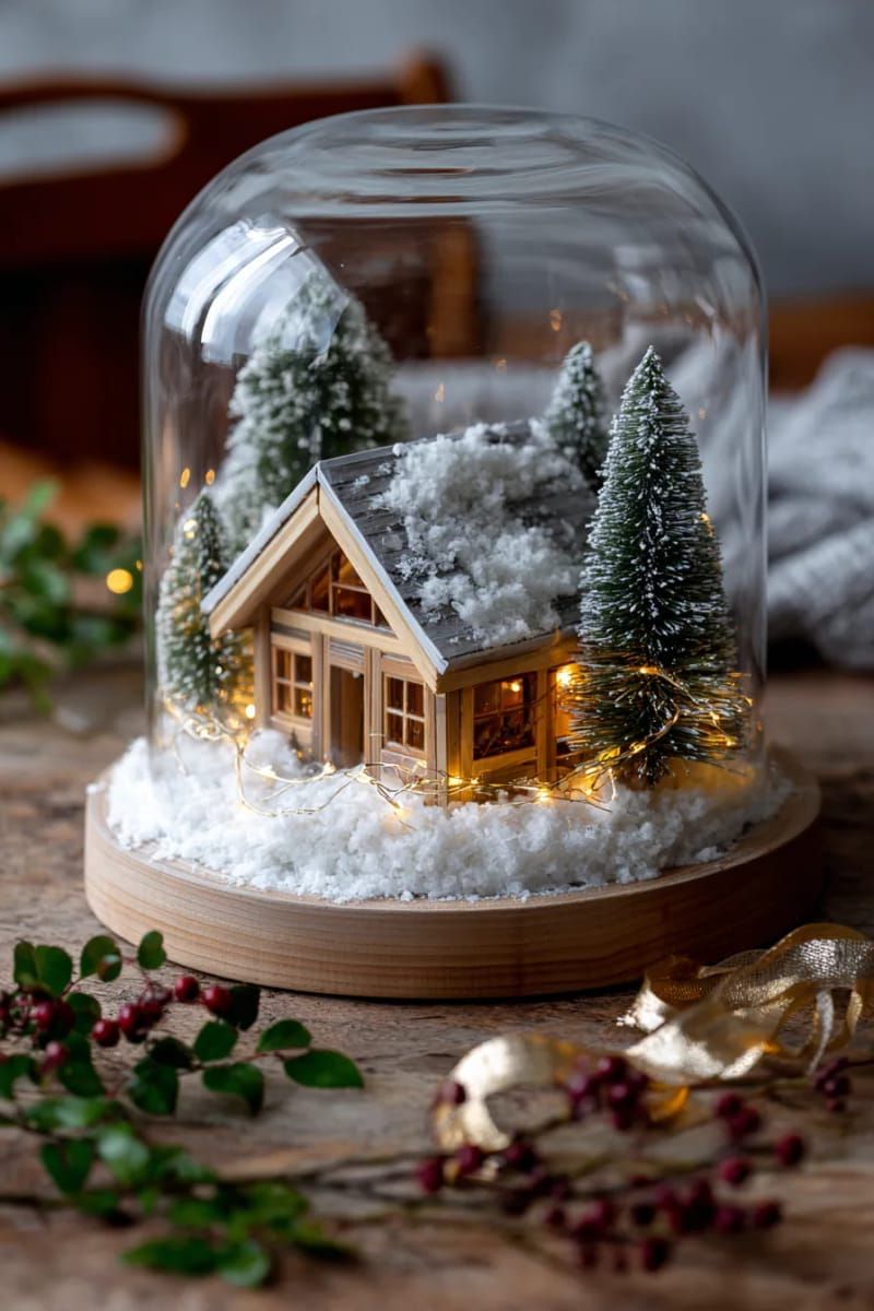 miniature cabin scene inside a glass cloche with fake snow 1