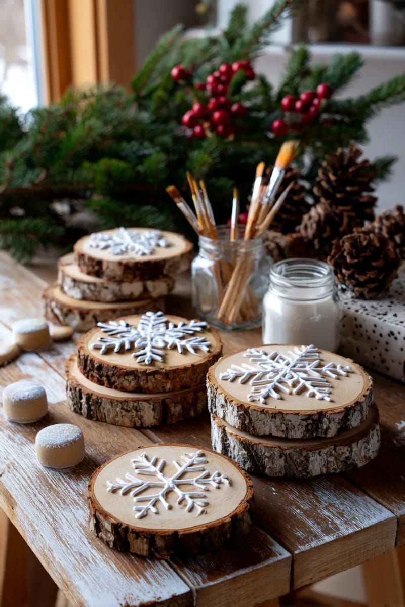 diy wooden log slice coasters painted with snowflakes 1
