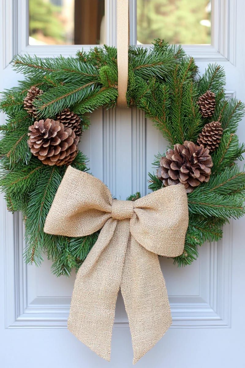 simple evergreen wreath with pinecones and burlap bow for the front door 1