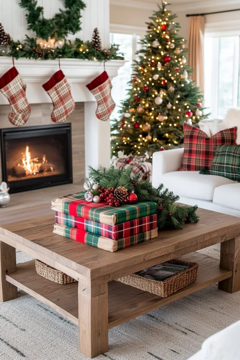 red and green plaid wrapped books stacked on the coffee table 1