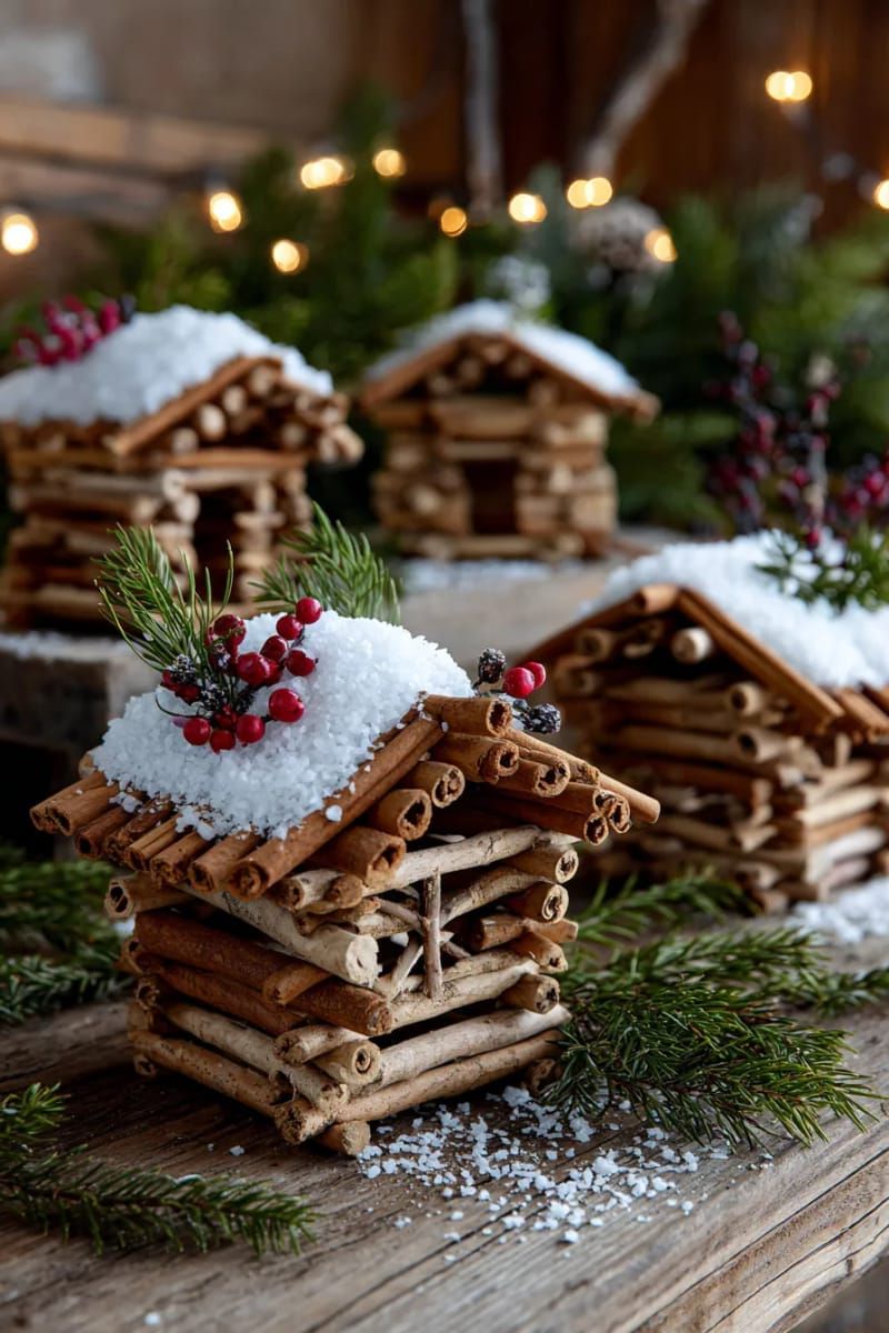 mini log cabin ornaments made from cinnamon sticks and twigs 1