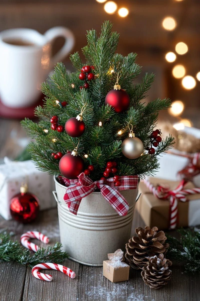 mini tabletop christmas tree in a galvanized metal bucket 1