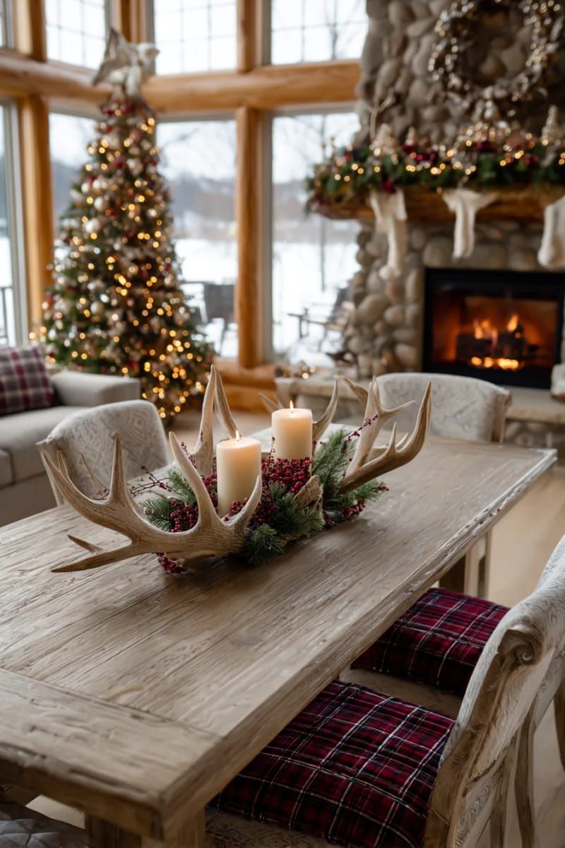 antler-inspired candle centerpiece with fresh pine sprigs 1