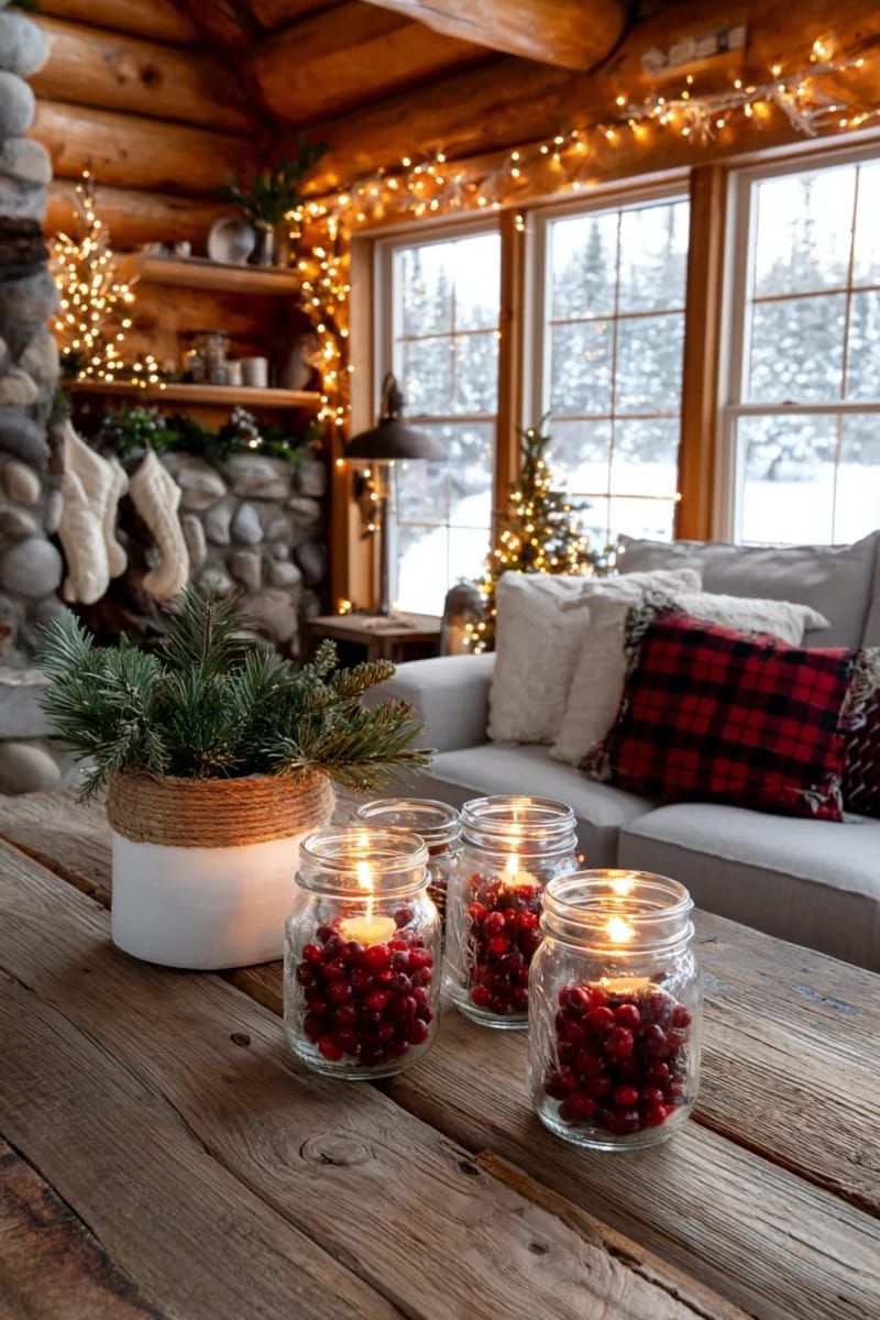 mason jar candleholders wrapped in twine and filled with cranberries 1