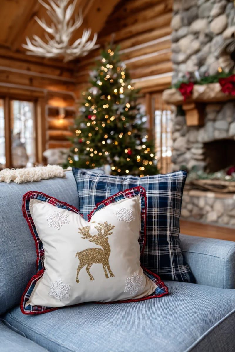 plaid flannel throw pillows with hand-stitched christmas trees 1