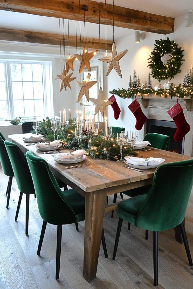 snow-dusted branch centerpiece with hanging wooden stars 1