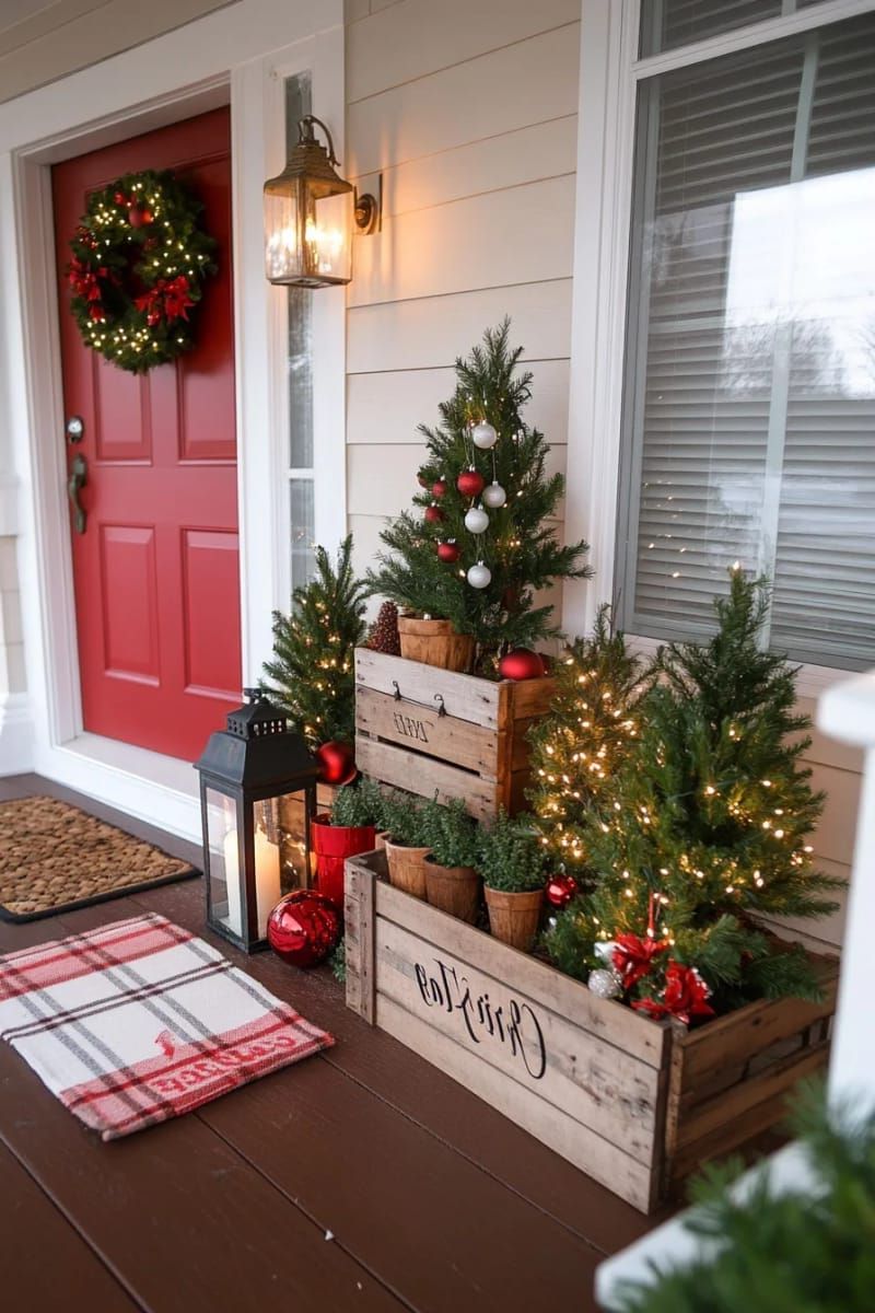 reclaimed crate stacked display with mini potted evergreens and ornaments 1