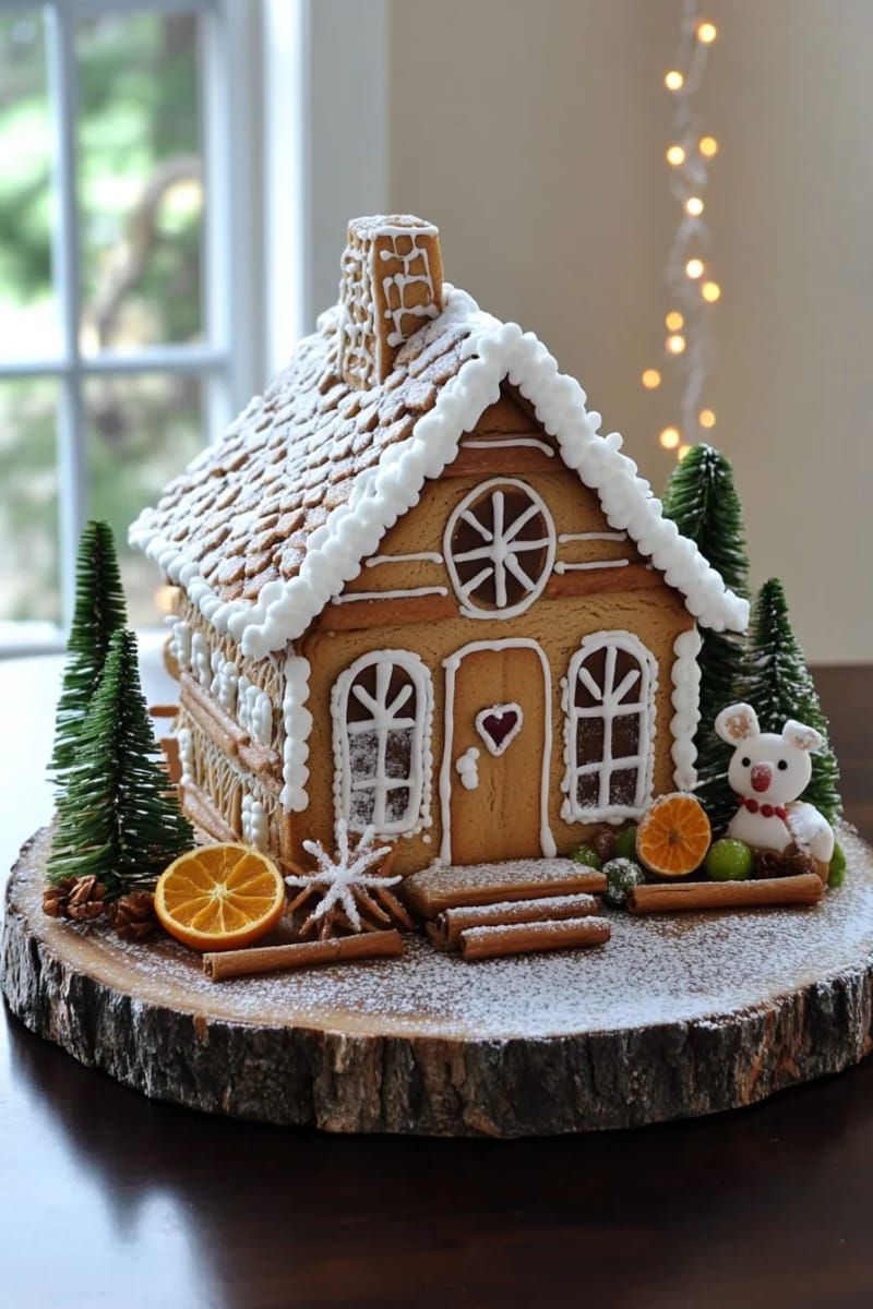 diy gingerbread cabin displayed on a wood slice base 1