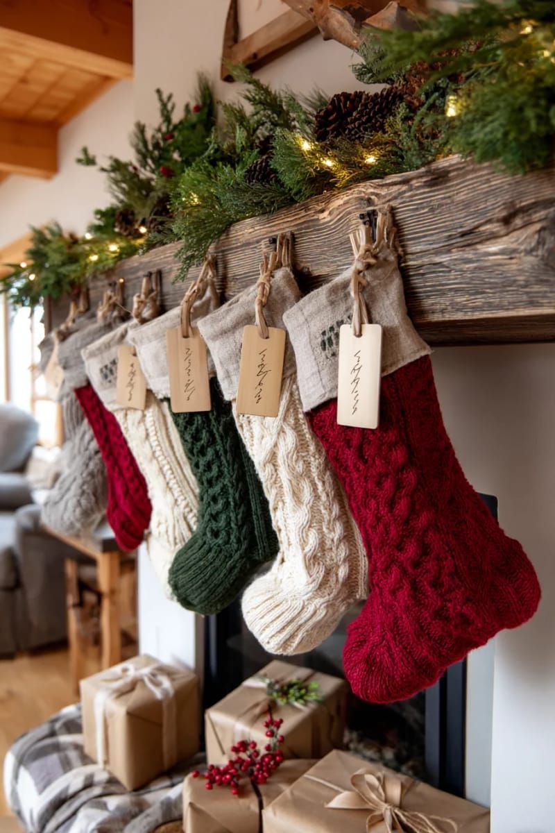 upcycled sweater stockings with wooden name tags 1