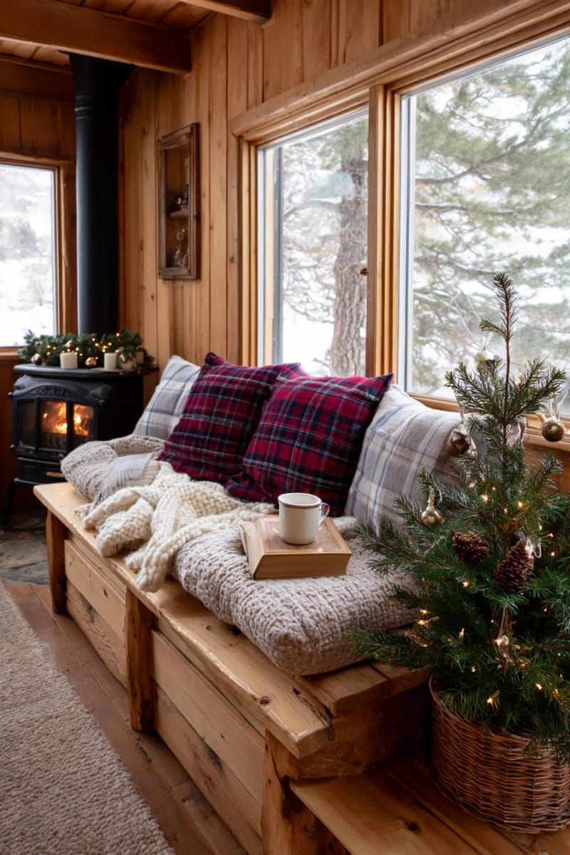 cozy reading nook with plaid cushions and a mini tree in a basket 1