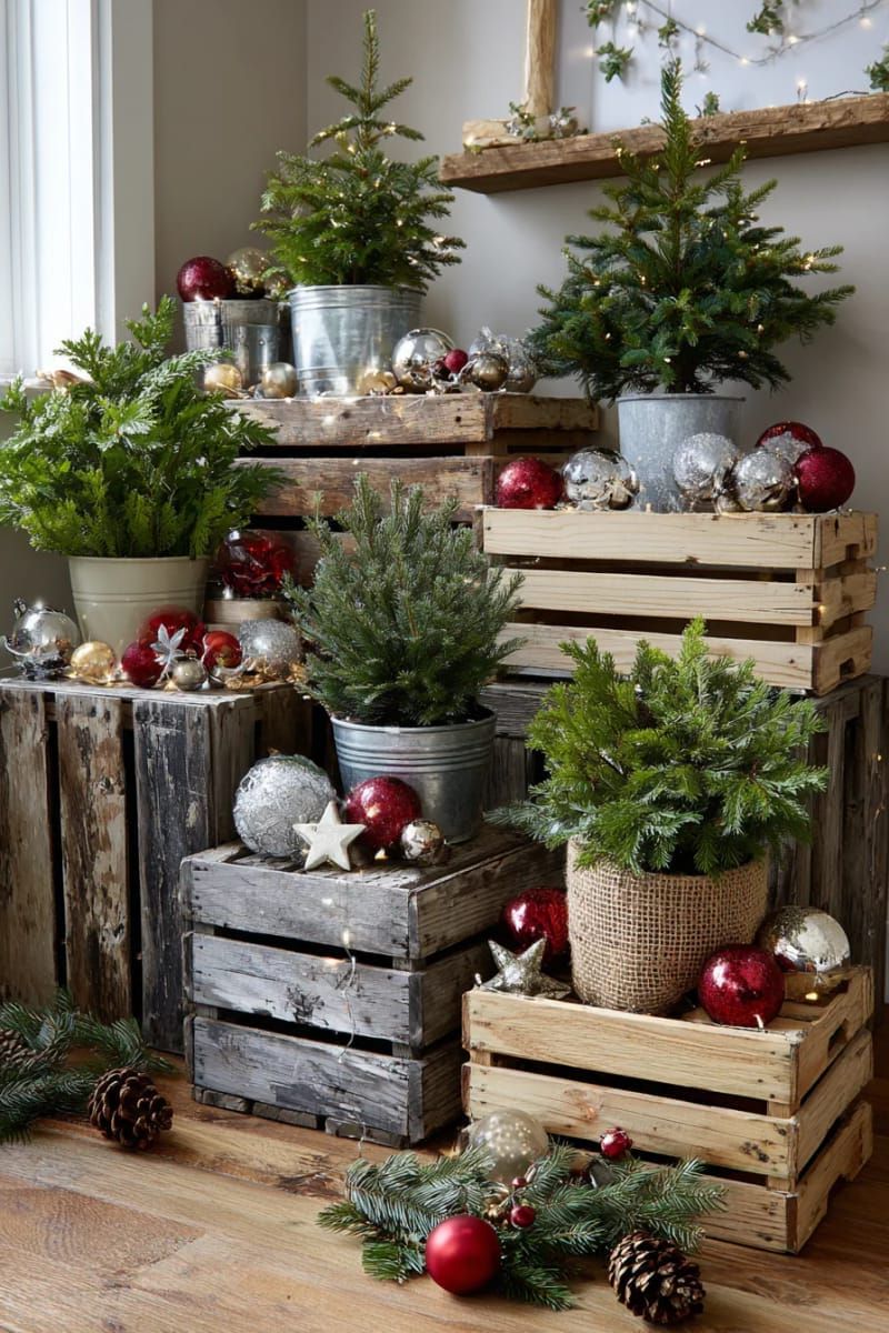 reclaimed crate stacked display with mini potted evergreens and ornaments 1