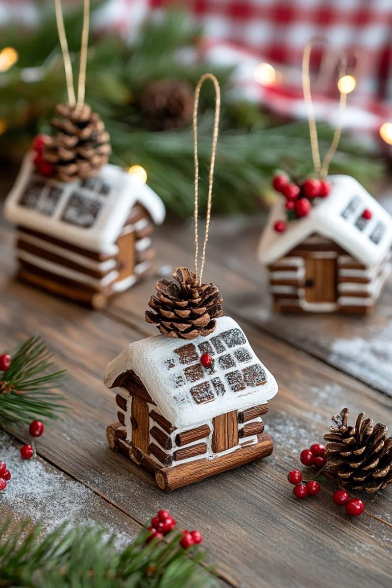 mini log cabin ornaments made from cinnamon sticks and twigs 1