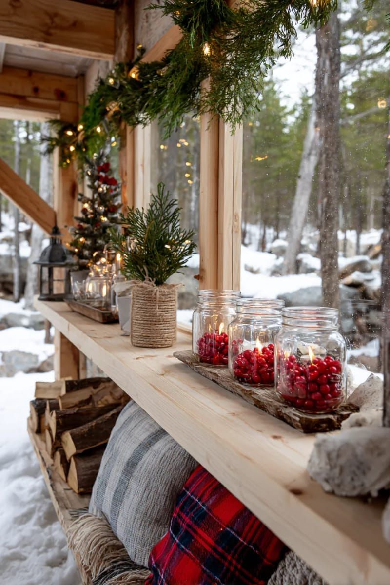 mason jar candleholders wrapped in twine and filled with cranberries 1