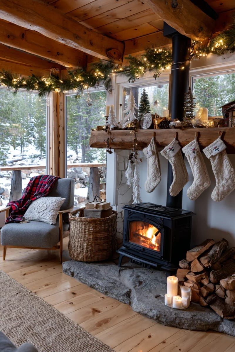 tiny felt stockings hung from a reclaimed wood shelf 1