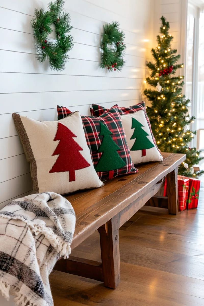 plaid flannel throw pillows with hand-stitched christmas trees 1