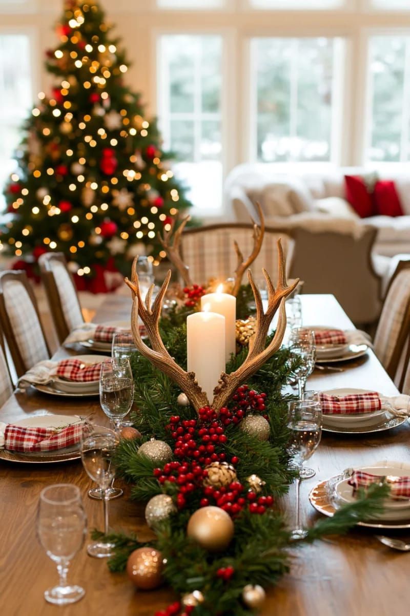 antler-inspired candle centerpiece with fresh pine sprigs 1