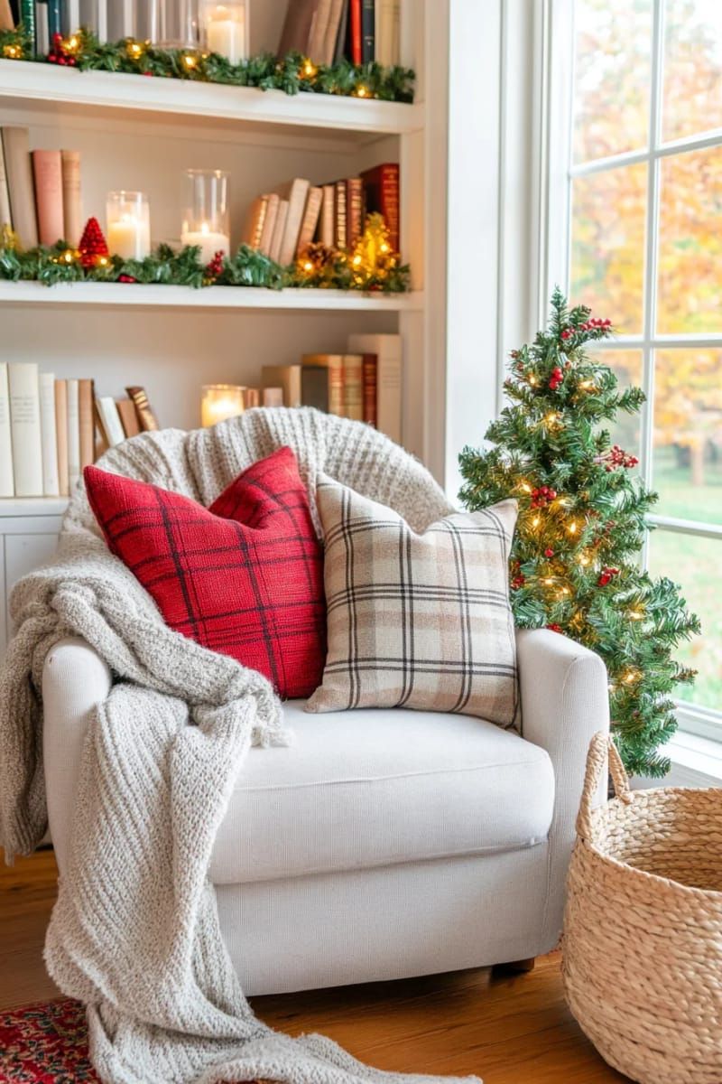 cozy reading nook with plaid cushions and a mini tree in a basket 1