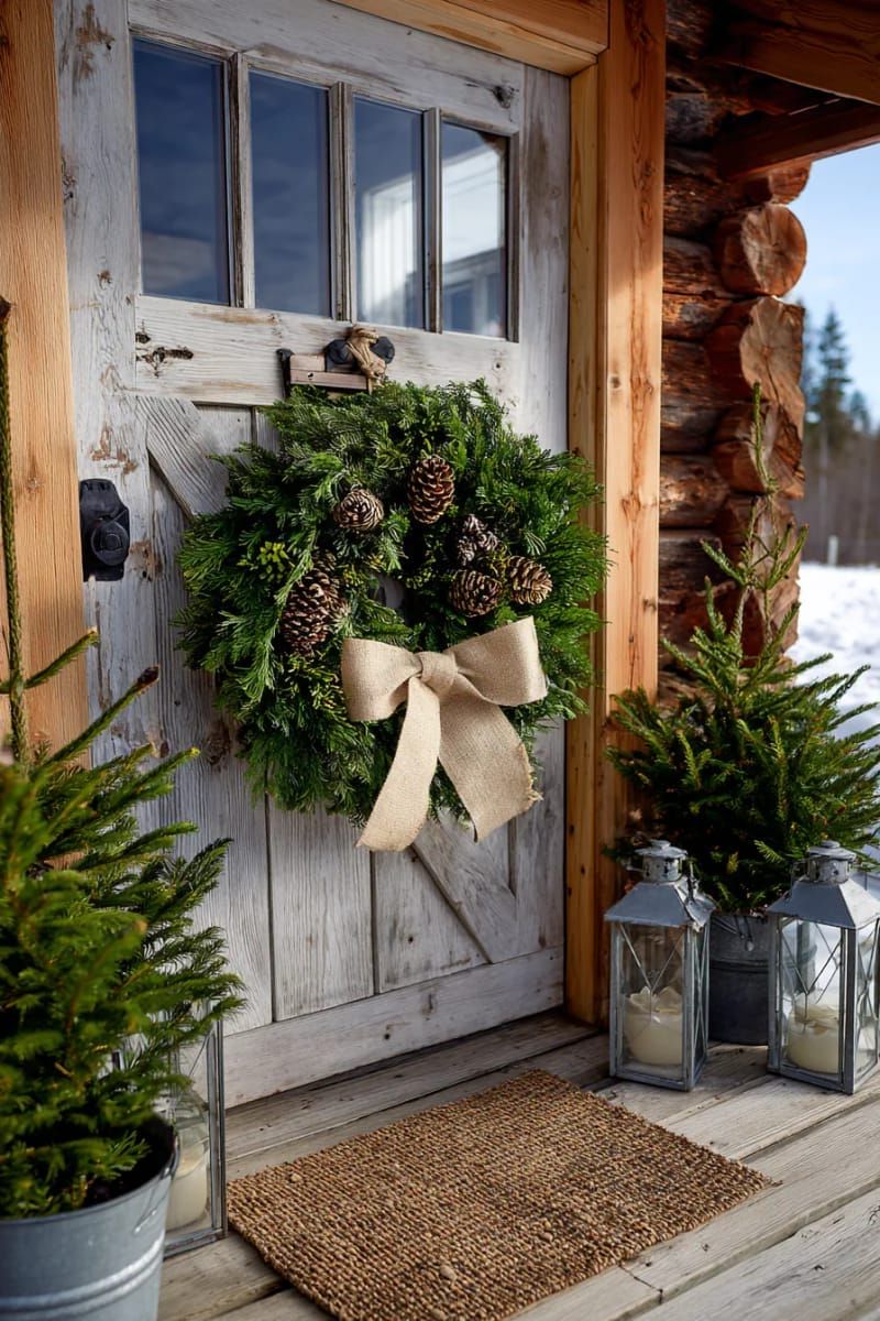 simple evergreen wreath with pinecones and burlap bow for the front door 1