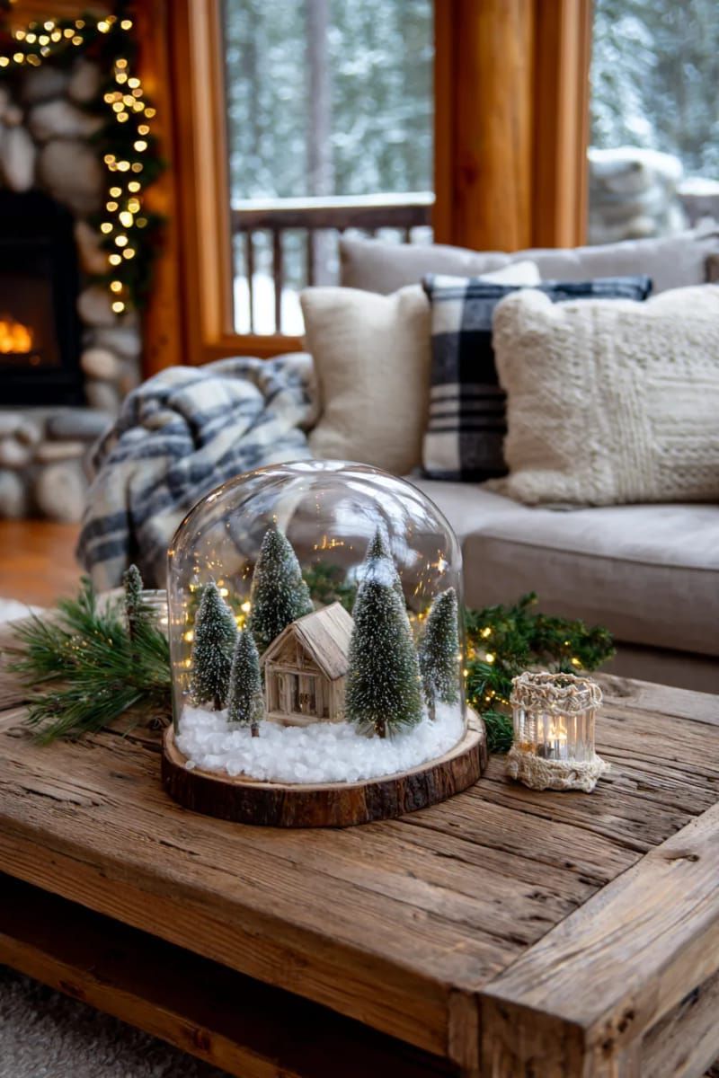 miniature cabin scene inside a glass cloche with fake snow 1