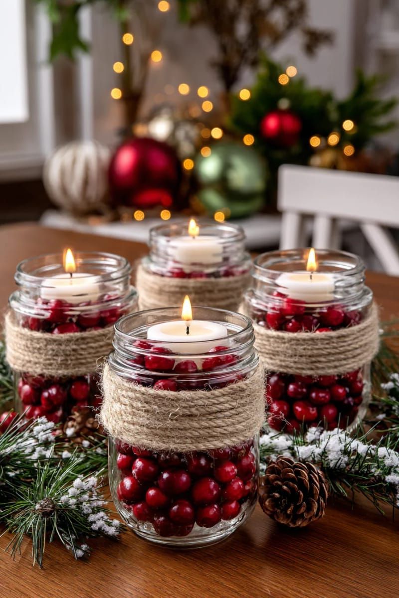 mason jar candleholders wrapped in twine and filled with cranberries 1