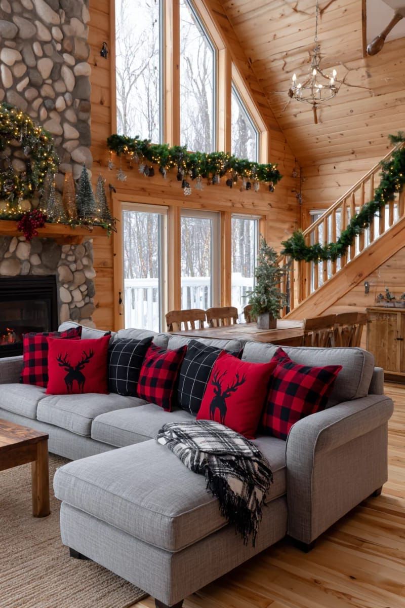 plaid flannel throw pillows with hand-stitched christmas trees 1