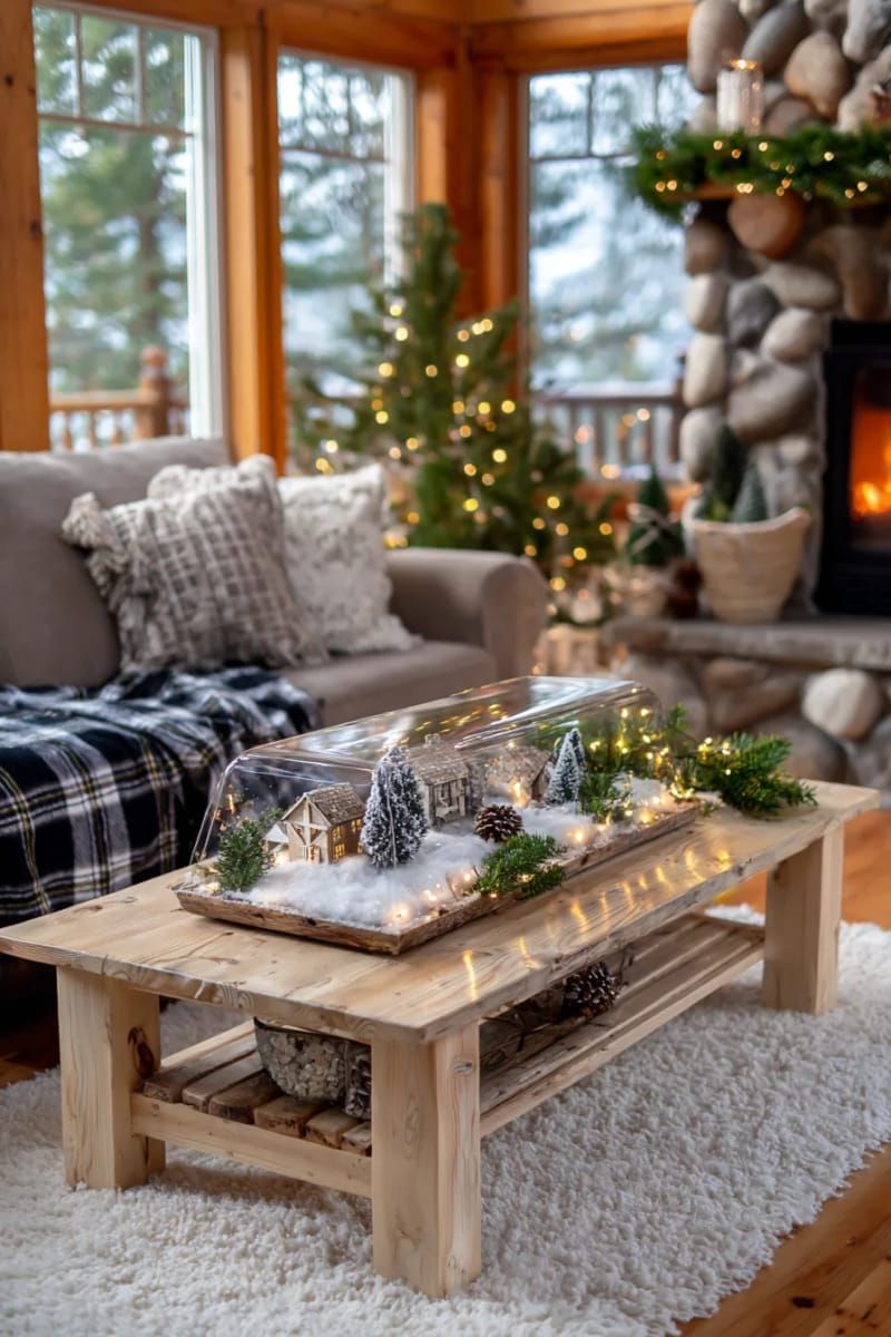 miniature cabin scene inside a glass cloche with fake snow 1