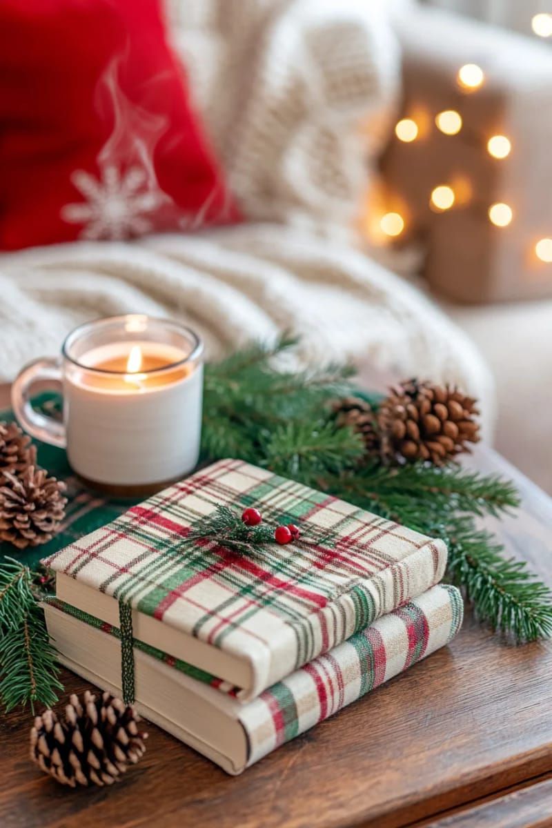 red and green plaid wrapped books stacked on the coffee table 1