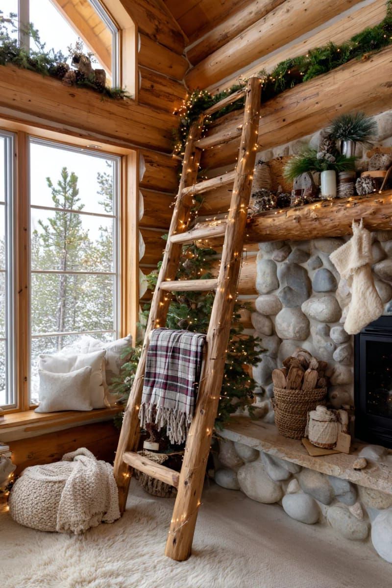 rustic ladder draped with plaid blankets and string lights 1