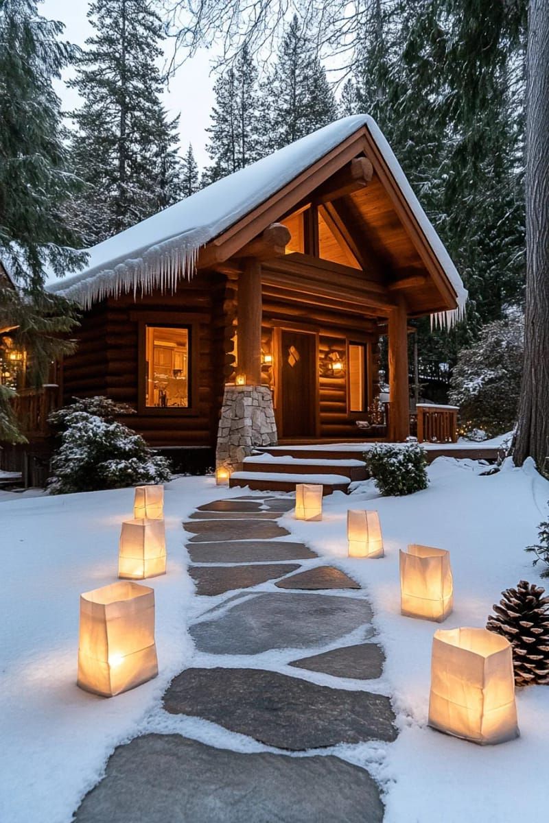 paper bag luminaries lining a snowy cabin walkway 1