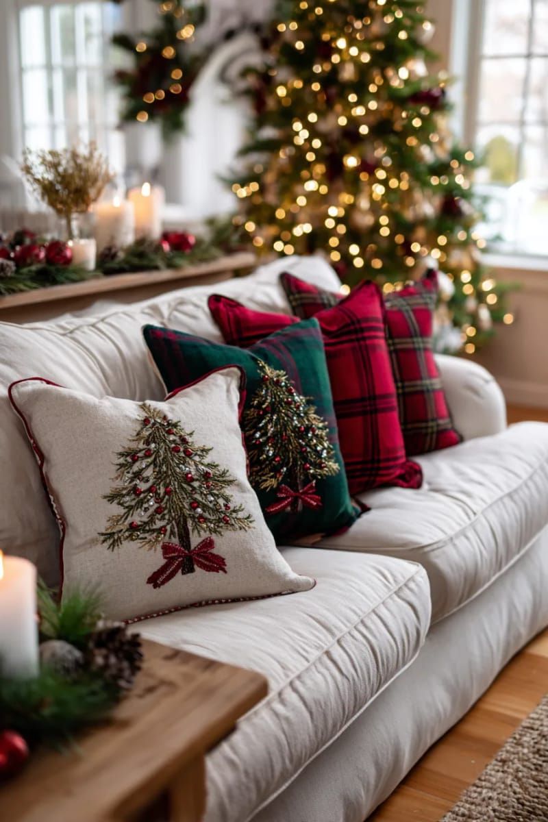 plaid flannel throw pillows with hand-stitched christmas trees 1