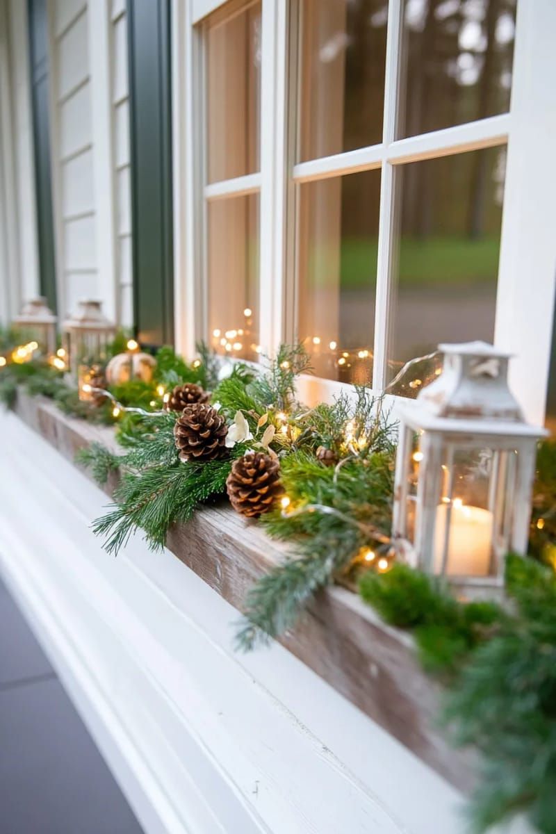 rustic window frame decorated with fairy lights and evergreen sprigs 1