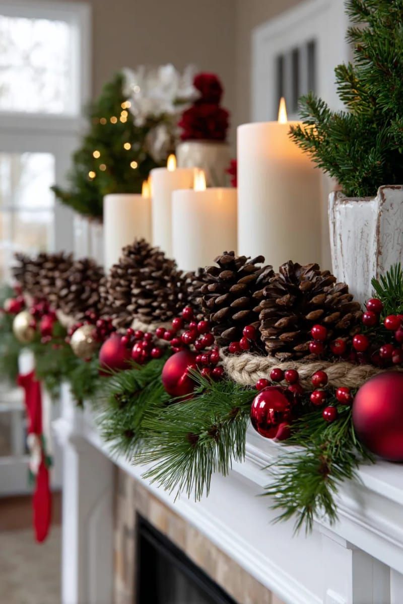pinecone garland with red berries and rustic twine for a mantel accent 1