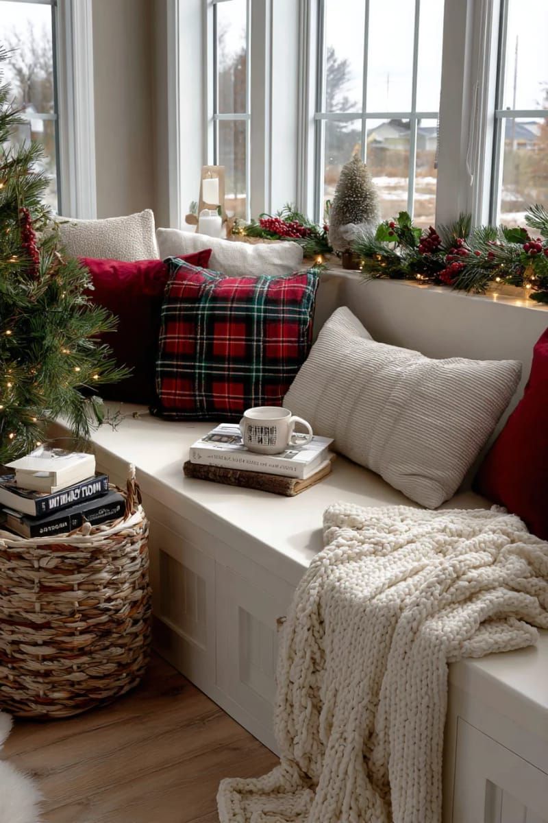 cozy reading nook with plaid cushions and a mini tree in a basket 1