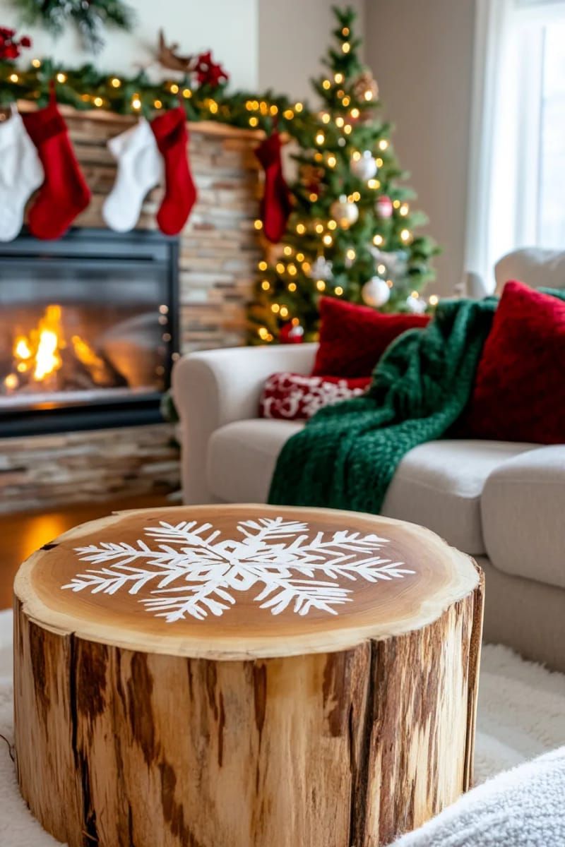 diy wooden log slice coasters painted with snowflakes 1