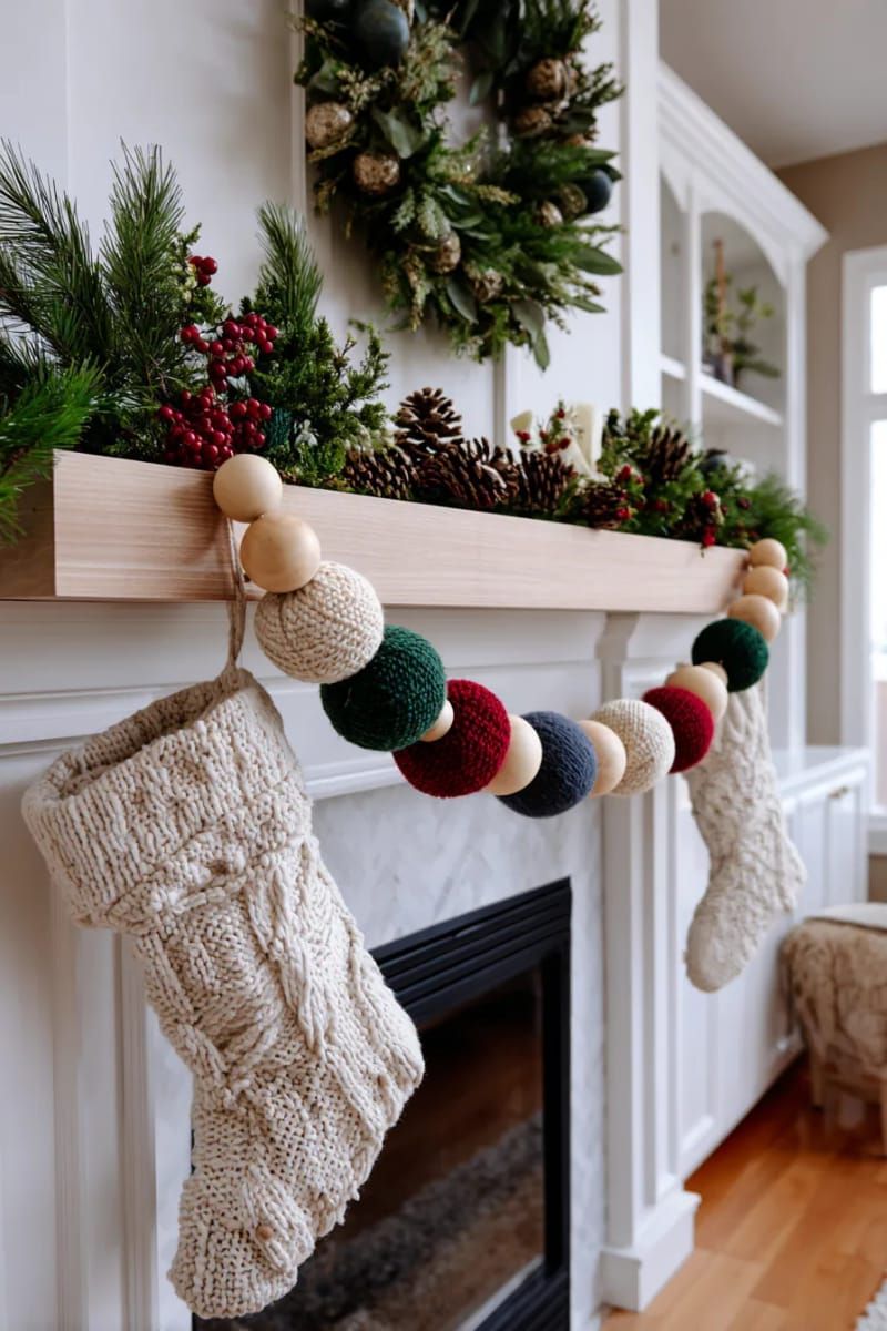 wood bead garland strung with felted wool balls for a cozy touch 1