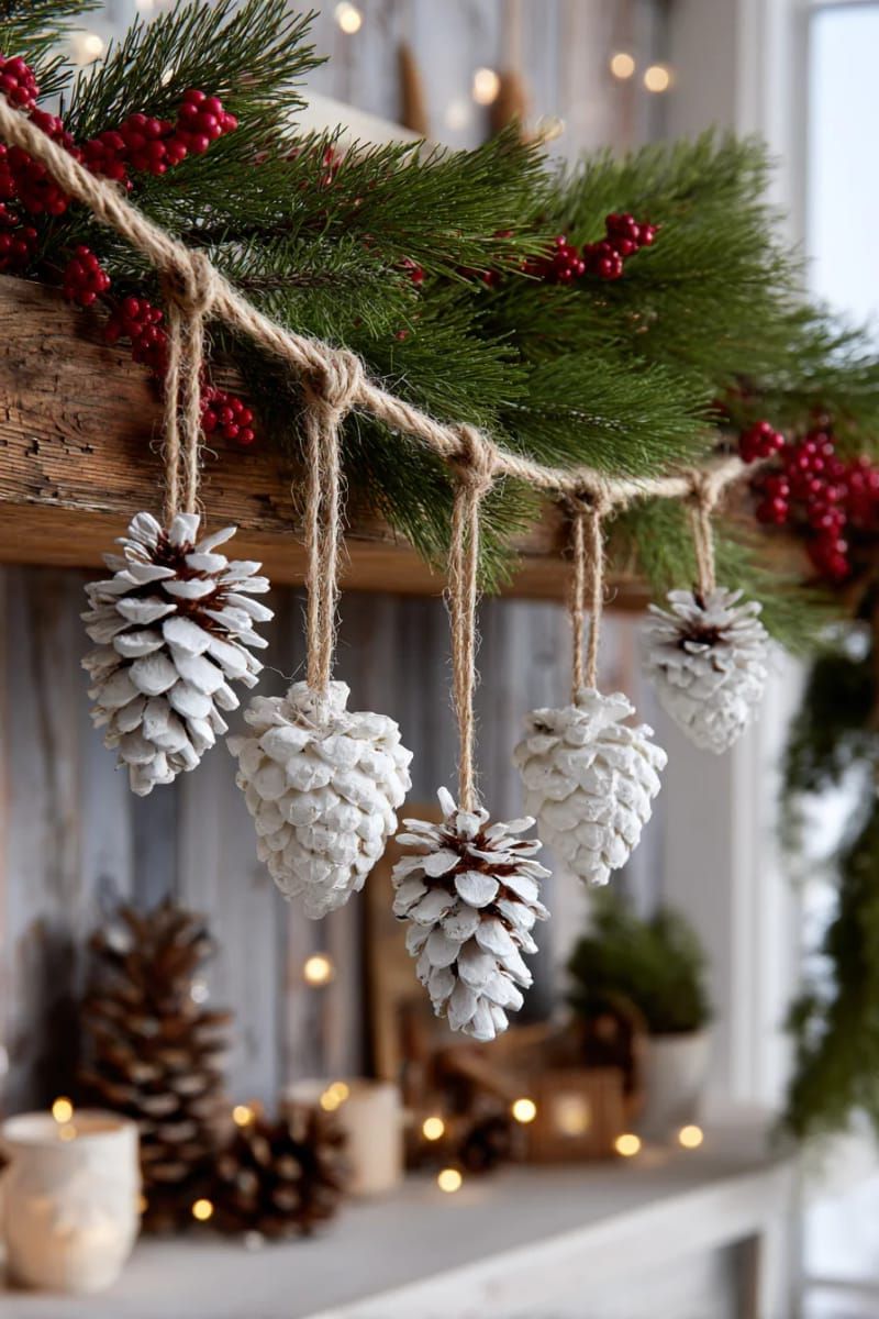 hanging pinecone clusters dipped in white paint for snowy effect 1